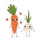 Cute Carrot and Garlic, Cheerful Vegetables Characters with Funny Faces, Best Friends, Happy Couple in Love Vector