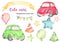 Cute cars beetle and birthday balloons watercolor clipart set