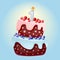 Cute cartoon 1 year birthday festive cake with one candle. Chocolate biscuit with berries, cherries and blueberries. For parties,