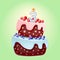 Cute cartoon 3 year birthday festive cake with candle number three. Chocolate biscuit with berries, cherries and blueberries. For