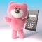 Cute cartoon 3d fluffy pink teddy bear soft toy holding a digital calculator, 3d illustration