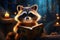 cute cartoon 3d raccoon reading a book in a dreamy forest background