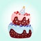 Cute cartoon 4 year birthday festive cake with candle number four. Chocolate biscuit with berries, cherries and blueberries. For