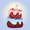 Cute cartoon 5 year birthday festive cake with candle number five. Chocolate biscuit with berries, cherries and blueberries. For