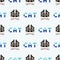 Cute cartoon 8bit black cat with text seamless vector pattern. Kawaii pixel art kitty pet. Domestic pet kitten video