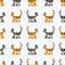 Cute cartoon 8bit pet grey and orange tabby cat seamless vector pattern. Kawaii pixel art kitty pet. Domestic kitten