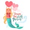Cute, cartoon, adorable girl mermaid keeping the bright pink big heart