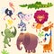 Cute cartoon african animals set. Vector illustrations of crocodile alligator, giraffe, rhino, zebra, ostrich, lion and elephant