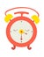 Cute cartoon alarm clock smiling. Colorful red and yellow happy alarm clock character. Time management and morning