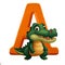 Cute cartoon alligator crocodile standing near orange letter A on white background AI-Generated
