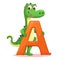 Cute cartoon alligator crocodile standing near orange letter A on white background. Kids alphabet. AI generative