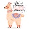 Cute cartoon alpaca. Llama need no drama motivational and inspirational lettering phrase.