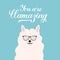 Cute cartoon alpaca with sunglasses and calligraphy hand lettering You are llamazing. Funny character fluffy alpaca. Vector