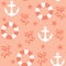 Cute cartoon anchor, red coral, starfish and lifebuoy seamless vector pattern background illustration