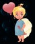 Cute cartoon angel girl with air balloon in in the shape of a heart and with arrows in her hands.