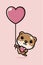 Cute cartoon animal character beaver flying in love shaped balloon