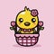 Cute cartoon animal chick character is in a basket decorated with flowers