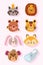 Cute cartoon animal faces adorable little raccoon lion bear tiger rabbit fox monkey and elephant