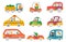 Cute cartoon animals drive cars trucks and bus. Yellow taxi and ice cream truck with penguin driver. Nowaday funny