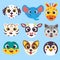 Cute cartoon animals faces set part 3. Isolated vector illustration. Dalmatian dog, elephant, giraffe, white tiger, cow, wolf,