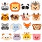 Cute cartoon animals head. Dog, pig, cow, deer, lion, sheep, tiger, panda, raccoon, monkey, fox, zebra, giraffe, elephant, hedgeho