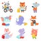 Cute cartoon animals set, raccoon, tiger, coala, elephant, octopus, fox, cat, mouse, piglet travelling on summer