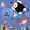 Cute cartoon animals swimming underwater. Illustration for children decorated with sea elements.