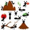 Cute cartoon ant collection with flowers, leaves and anthill.