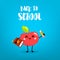 Cute cartoon apple with pencil and book. Back to school card. Vector