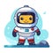 Cute cartoon astronaut character standing moon surface smiling. Friendly astronaut space