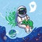 Cute cartoon astronaut stroking a green alien cat in outer space