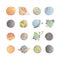 Cute cartoon astronomy planet icon set. Cartoon icons of different doodle planets, exo planets, planetary rings