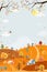 Cute cartoon Autumn village with bright light on sunny day,Mid autumn Harvest landscape farm field,hill, leaves falling in orange