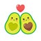 Cute cartoon avocado characters with funny smiles in love.