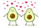 Cute cartoon avocado couple holding hands. Valentine`s day greeting card. Avocado love with red hearts. Vector