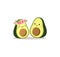 Cute cartoon avocado couple in love, avocuddle. Two avocado halves. St. Valentines day greeting card drawing. Isolated