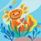 Cute cartoon axolotl, amphibian creature is floating in the seaweeds. Vector illustration