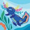 Cute cartoon axolotl, blue amphibian creature is swimming underwater. Vector illustration