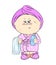 Cute cartoon baby in bathrobe after bath with shampoo and towel.