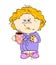 Cute cartoon baby in a bathrobe with a cup of hot cocoa and cookies.