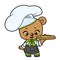 Cute cartoon baby bear dressed as a chef and with pizza outlined for coloring page on white