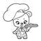 Cute cartoon baby bear dressed as a chef and with pizza outlined for coloring page on white