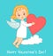 Cute cartoon baby cupid with the heart on blue. Valentines Day card