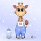 Cute cartoon baby giraffe with a bib, milk bottle and babies dummy.