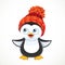 Cute cartoon baby penguin in warm knitted hat with a pompom isolated on white background