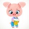 Cute cartoon baby piglet drinks juice from a glass through a straw