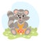 Cute cartoon baby raccoon with fly agaric in a meadow with daisies. Illustration in flat style. Children\\\'s card. tor