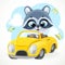 Cute cartoon baby raccoon rides in a yellow little toy car for children isolated on white