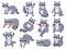 Cute cartoon baby raccoon sleeping, standing and waving. Funny raccoons poses. Happy forest animal character, racoon