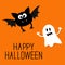 Cute cartoon bat and ghost. Happy Halloween card. Flat design.